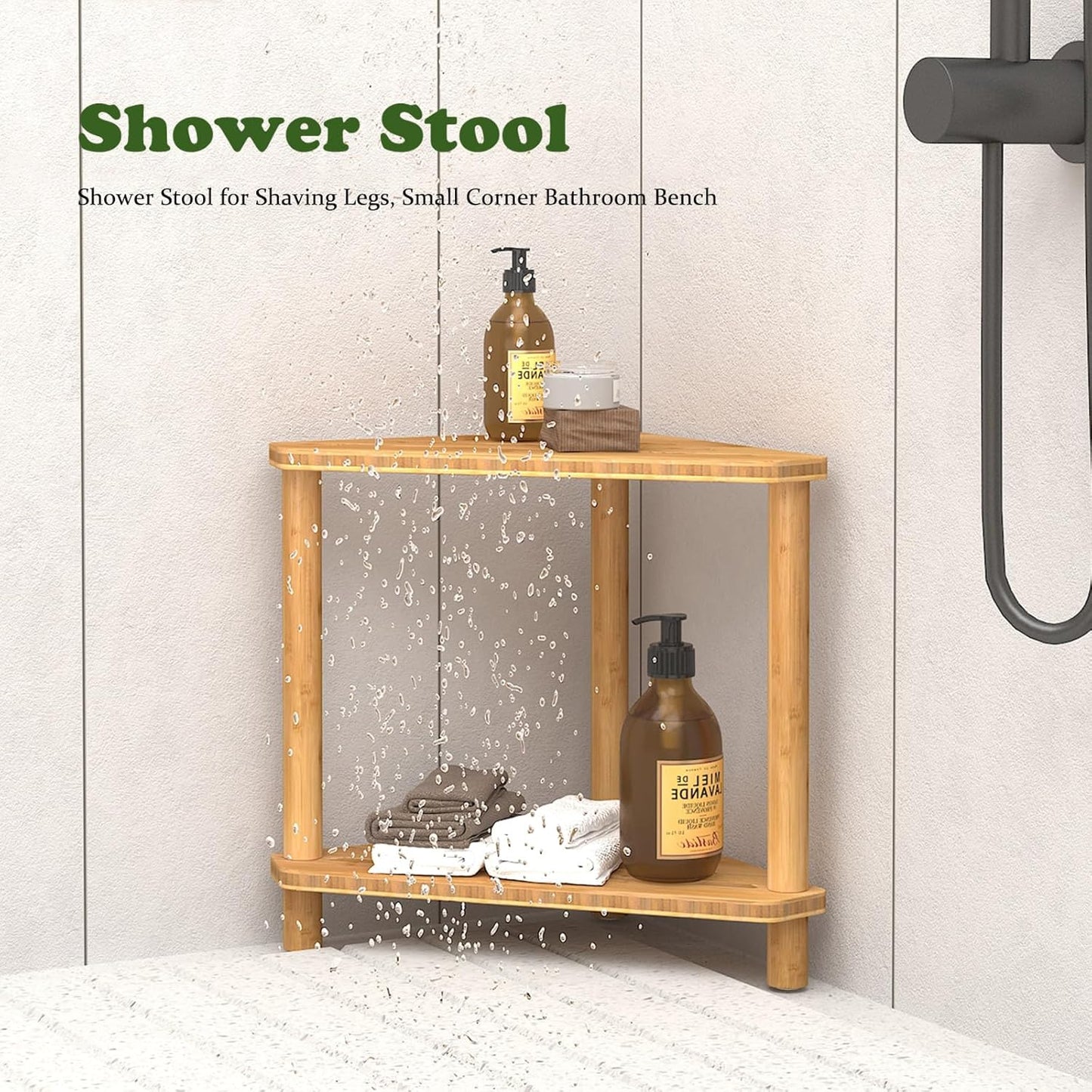 Bamboo Corner Shower Stool,2-Tier Waterproof Shower Stool for Inside Shower Shaving Leg,Small Spaces,Shower Foot Rest with Storage Shelf,Shower Bench,Bath Seat,Corner Nightstand gift for women mom