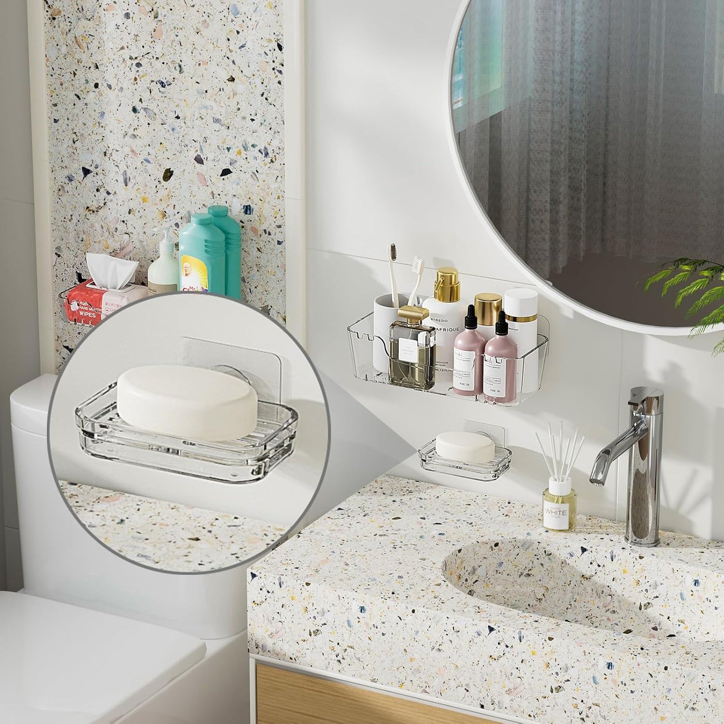 2-Pack No Drill Soap Holder - Strong Adhesive Soap Dish for Shower Wall Bathroom Kitchen Sink Rv Easy Install & Drain (2Pc Adhesive)