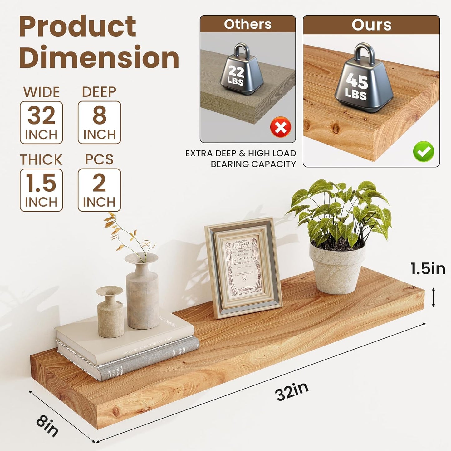 Floating Shelves, 8" Deep Rustic Solid Elm Wood Wall Mounted Floating Shelves, Wall Shelves with Invisible Bracket for Living Room Bathroom Bedroom Kitchen, 32 Inch Set of 2, Natural