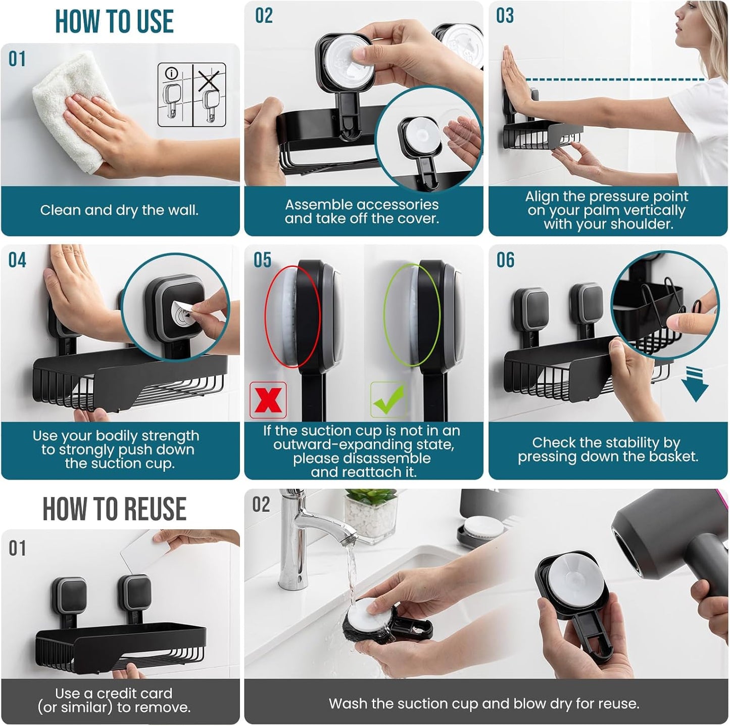 TAILI Shower Caddy Suction Cup 3 Pack, Stainless Steel Rustproof Shelves with Soap Holder Set, Drill-Free Wall Mounted Basket, Heavy Duty Removable Bathroom Organizers & Home Decor, Black