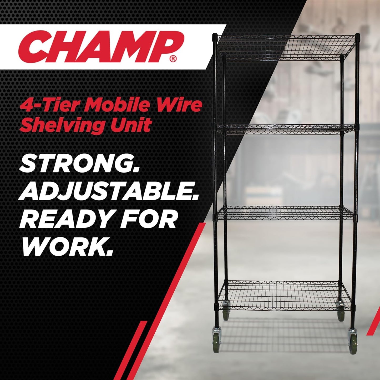 Champ® 4-Tier Mobile Wire Shelving Unit - Heavy-Duty Adjustable Storage Rack, 250 lb Capacity Per Shelf, Powder-Coated Steel Organizer with Wheels for Garages and Home