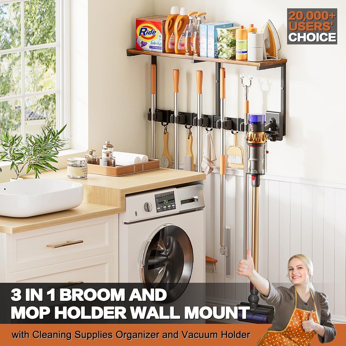 Broom Holder Wall Mount with Cleaning Supplies Organizer, Laundry Room Organization and Storage Shelves with Mop Hanger Rack Gripper Hooks, Utility Shelf Closet Organizer for Home Garage Kitchen