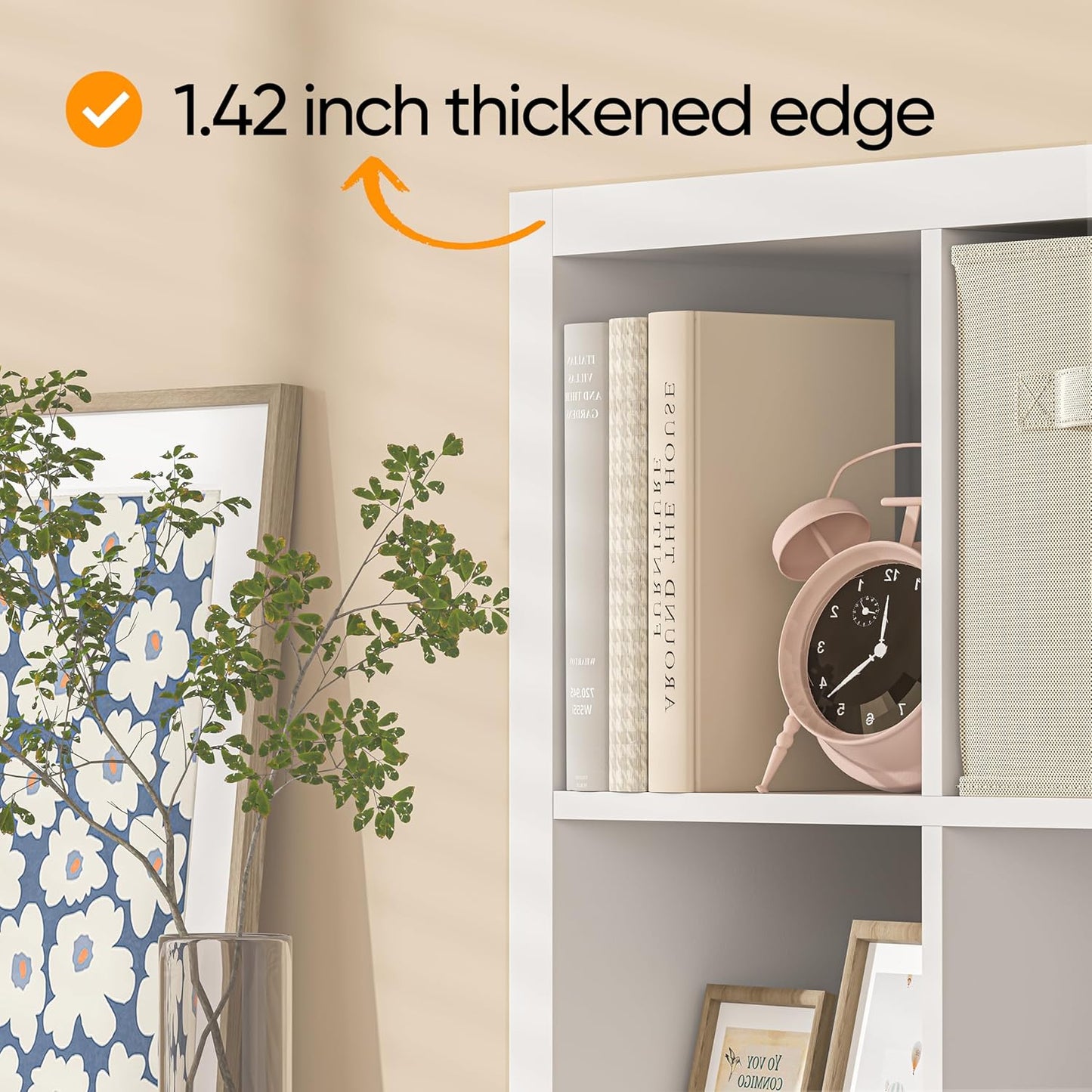 Bookshelf with Storage Bin, 6-Cube Storage Organizer, Modern Wood Open Bookcase, Multifunctional Display Cubicle Shelf for Living Room, Bedroom, Home Office, White