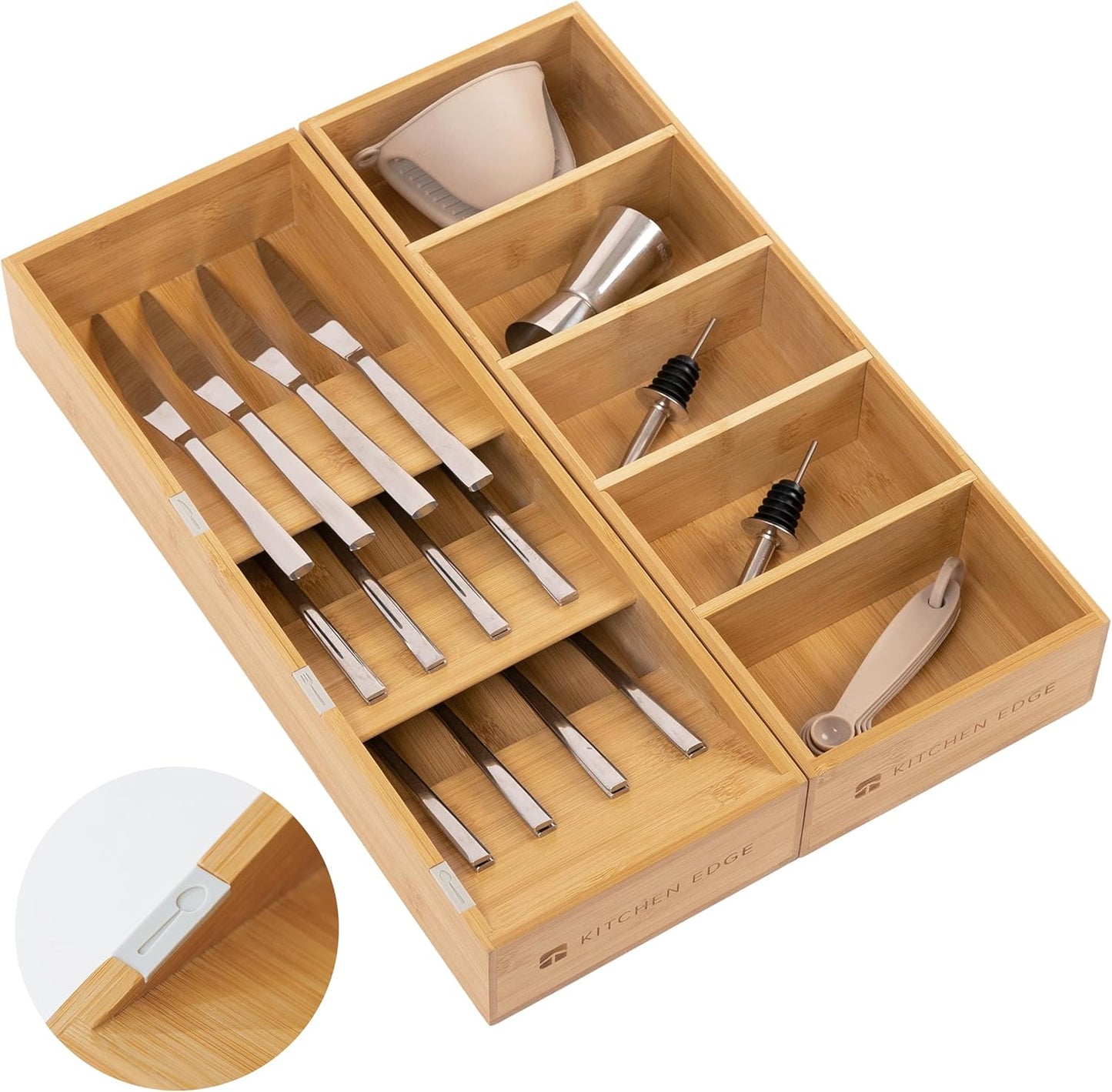 KitchenEdge Premium Silverware and Utensil Drawer Organizers – Slanted 3-Compartment and 5-Compartment Design, Labeled Slots, Non-Slip Feet, 100% Sustainable Bamboo, 2 Pack
