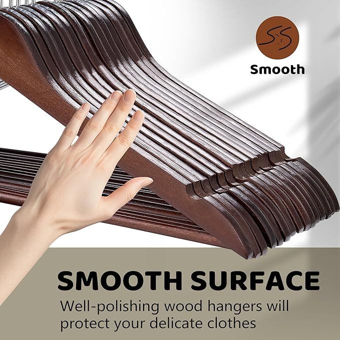 Wooden Hangers, 30 Pack Wood Hangers with 360-Degree Rotatable Hook and Pants Bar, Smooth Finish Coat Hanger Wooden for Closet, Walnut