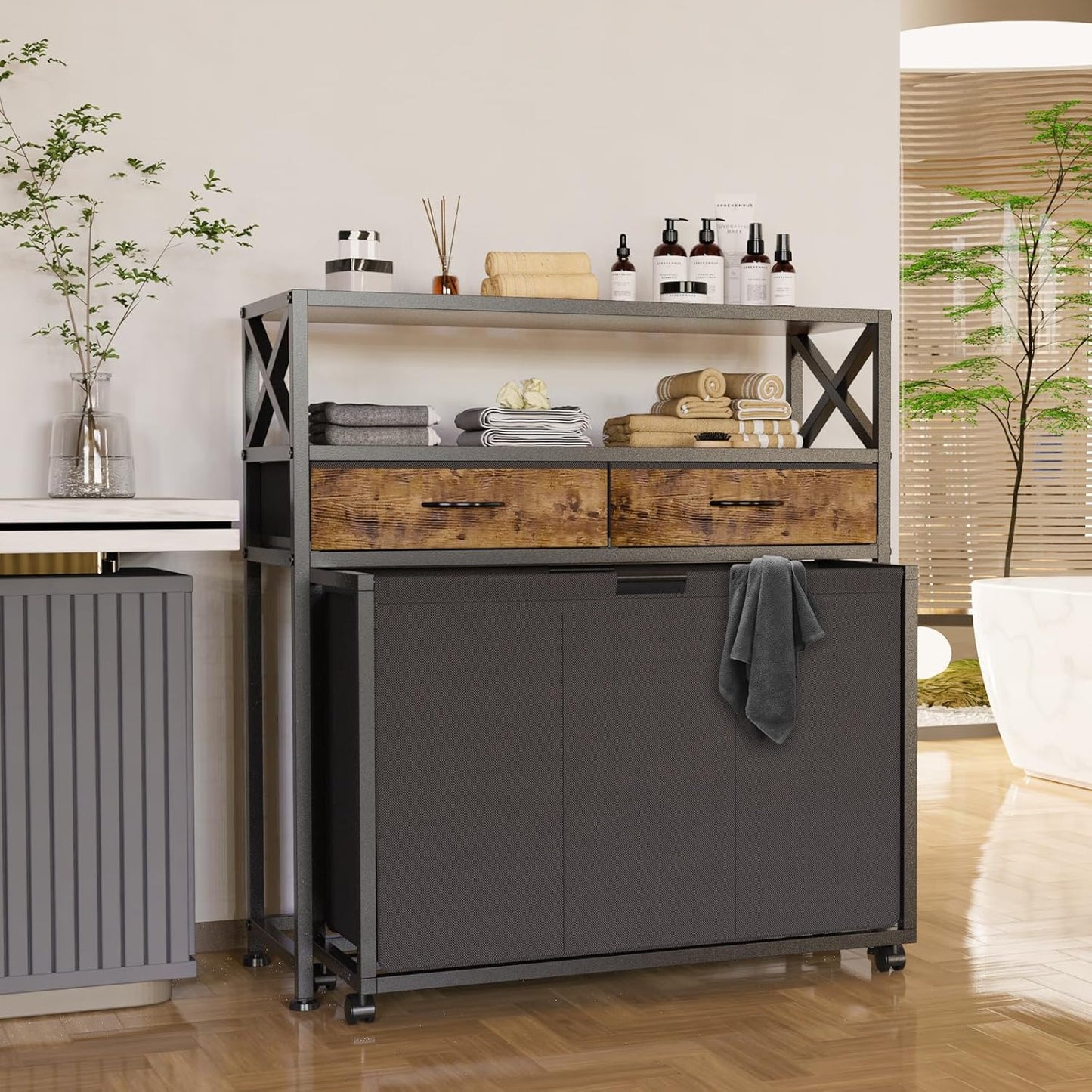 Laundry Hamper 3 Section, 150L Rolling Laundry Sorter Basket with 2 Shelves and 2 Drawers, 3 Compartment Clothes Organizer Cart with Wheels, Pull-Out Bags for Laundry Room, Bathroom, Bedroom