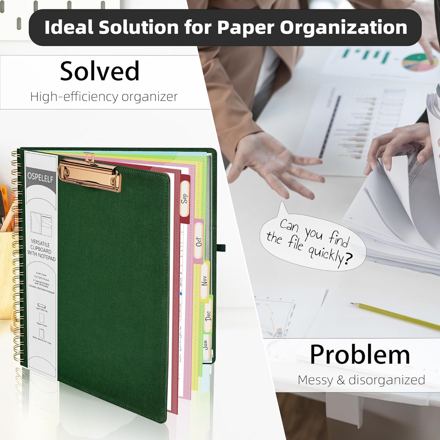 Ospelelf Foldable Spiral Clipboard Folio with Storage Zipper Pouch, 5 Plastic Folders with 10 Pockets,Refillable Lined Notepad (11" x 8.5"), Hardcover Project Organizer with 39 Stickers (Dark Green)