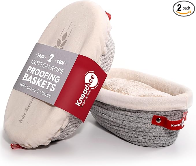 KneadAce Cotton Rope Banneton Bread Proofing Basket Set, 2 x Oval Bread Basket with Liners & Covers for Artisan Bread Baking, Sourdough Bread Baking Supplies