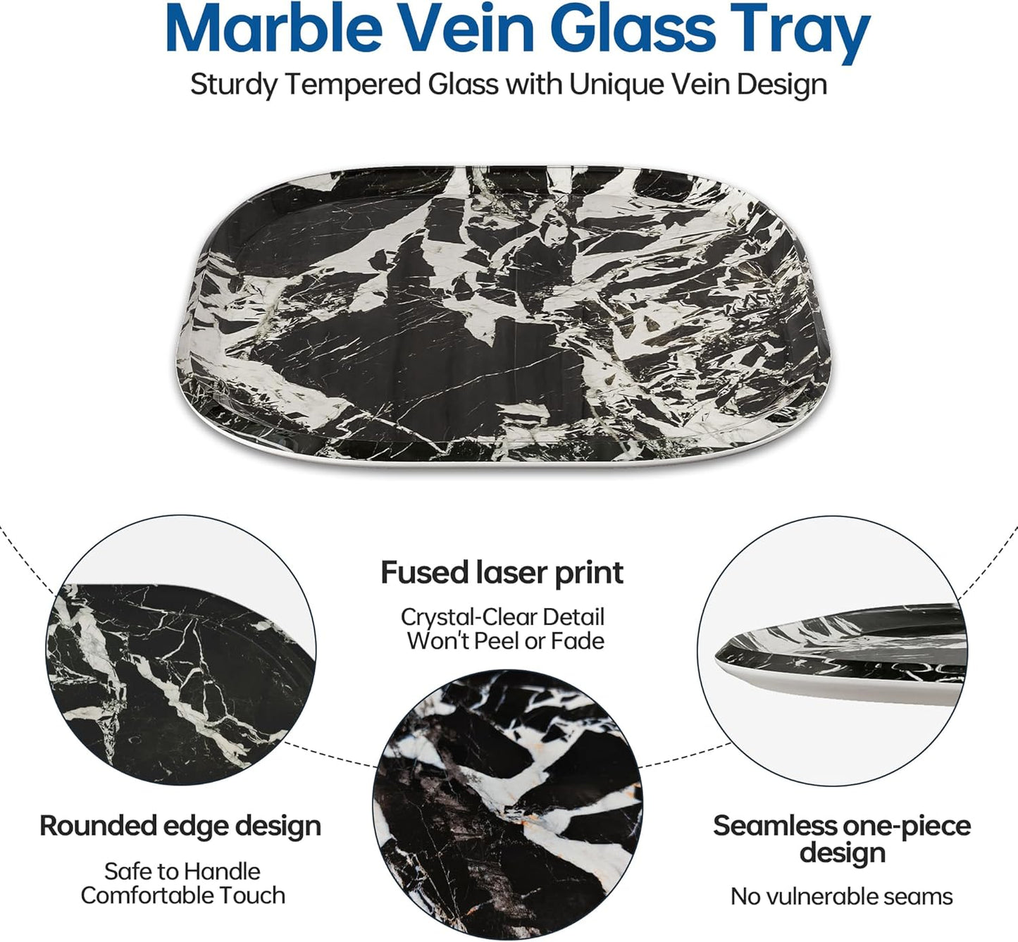 Vanity Decorative Glass Tray,12" x 12" Black Marble Pattern Perfume Tray, Bathroom Tray Countertop Organizer for Soap Towel, Jewelry, Candle