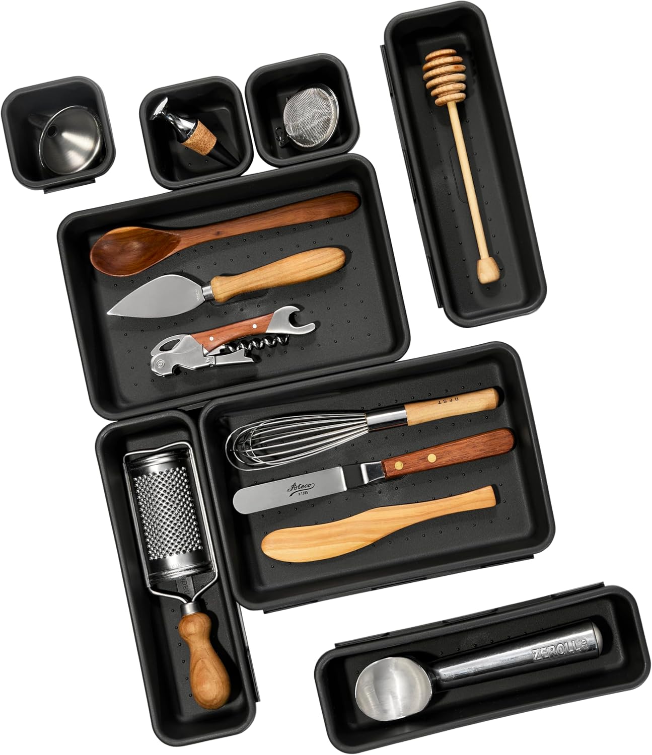 Madesmart 8-Piece Interlocking Bin Pack for Drawer Organization, Plastic Interlocking Junk Drawer Organizer Tray, Granite