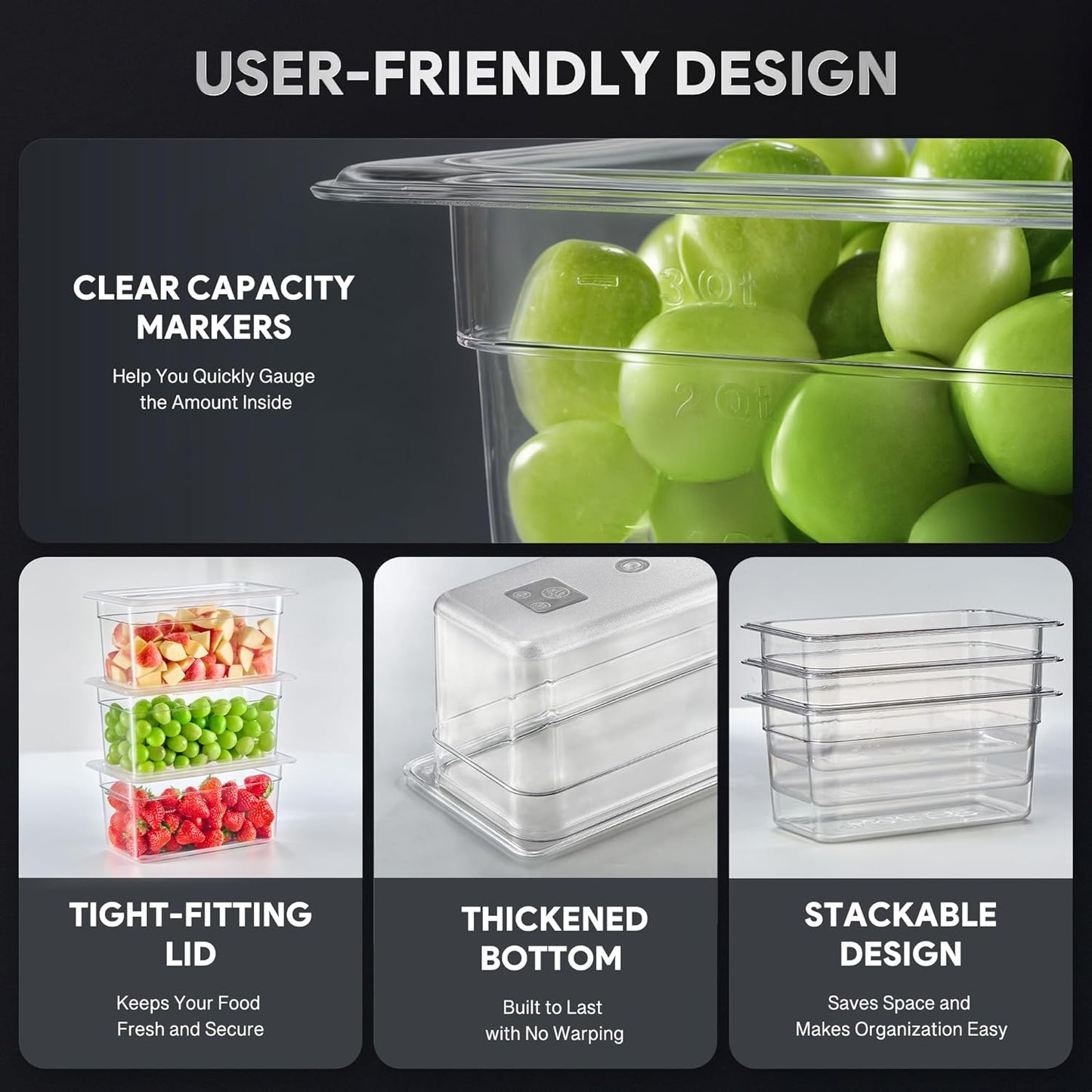 WILPREP 6 Pack Plastic Food Pans with Lids NSF Listed, 1/3 Size 4 in Deep Clear Food Storage Containers, 4.2 qt Stackable Polycarbonate Commercial Hotel for Fruits Vegetables Beans Corns