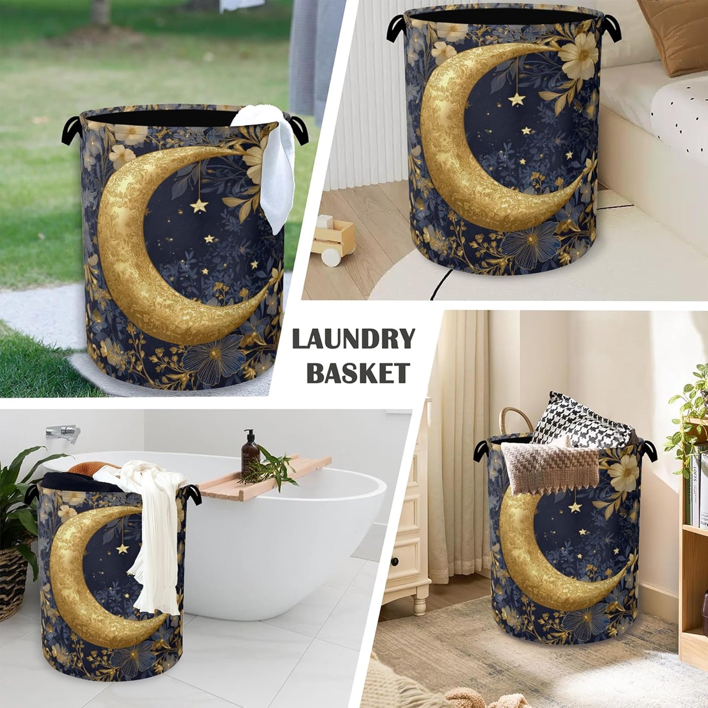 Golden Moon Laundry Basket,Flowers Foldable Oxford Cloth Tote Bag Laundry Hamper Clothes Storage Bucket Organizer for Bedroom Laundry Storage Dormitories 16" x 20.8"