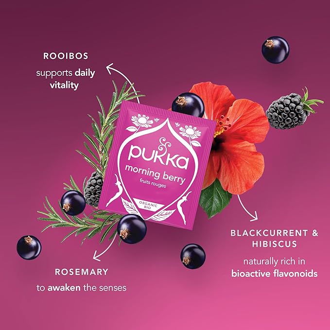 Pukka Morning Berry Organic Herbal Tea Bags, Caffeine Free Natural Energy, 20 Tea Bags