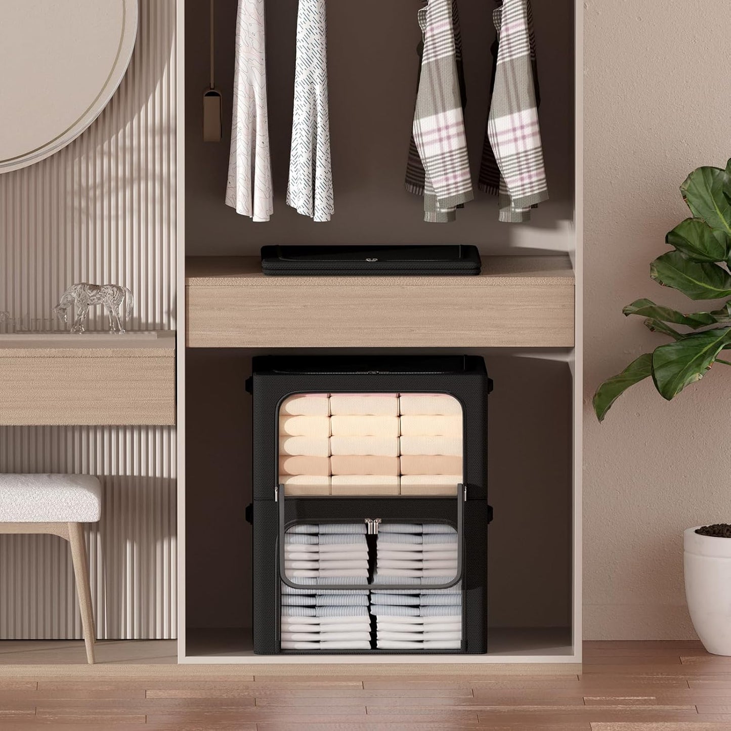 3Pack Frame Storage Box - Clothes Storage Bin Bags Oxford Fabric Foldable Stackable Container Organizer Set with Clear Window & Carry Handles (Black, Large-66L)