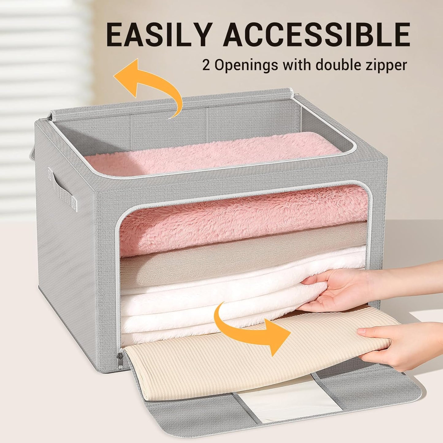 Clothes Storage Bins with Metal Frame Foldable Storage Box Clothes Organizers Storage Containers for Clothes Sheets Blankets Books Toys Gifts and Holiday Decorations (24Lx3 Pack)