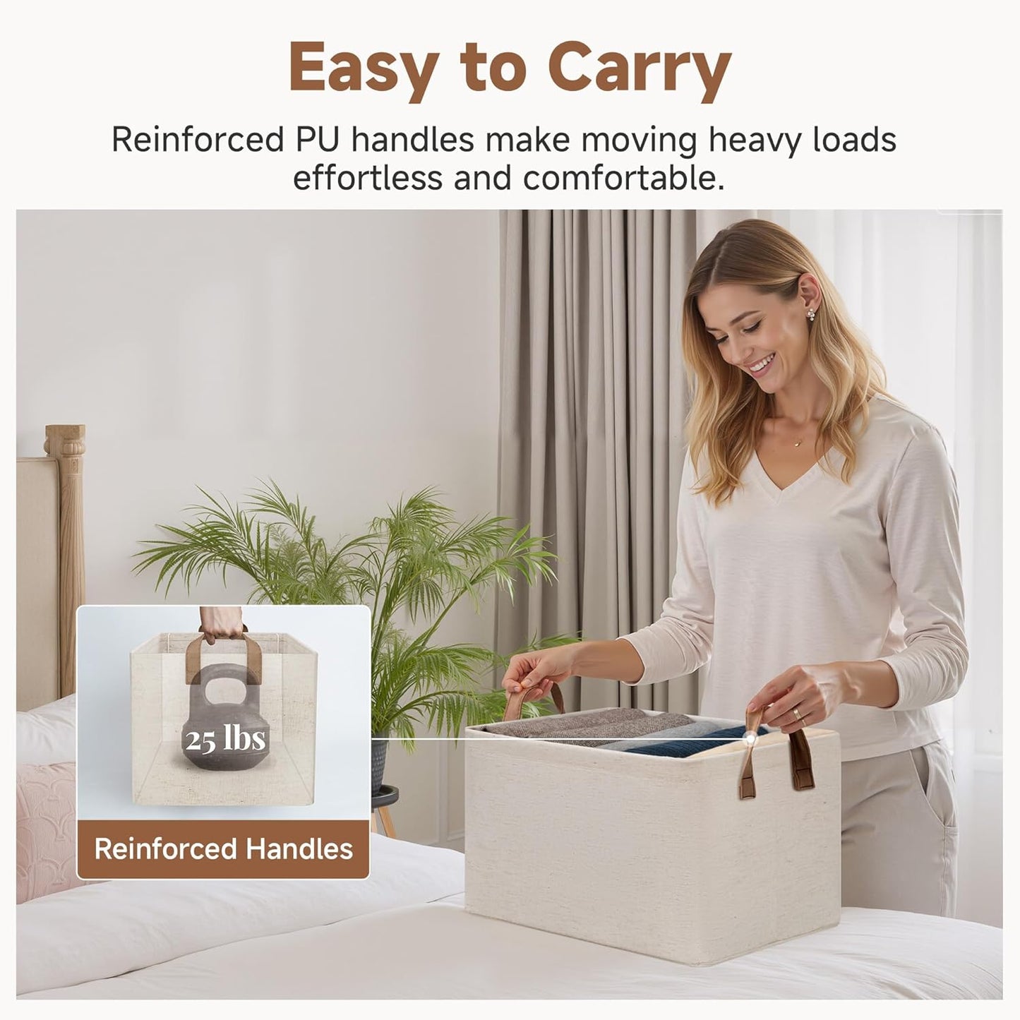 StorageWorks Storage Bins, Shelves Baskets for Organizing, Fabric Closet Organizers with Handles, Metal Frame, Beige（Cotton-linen）, 2-Pack