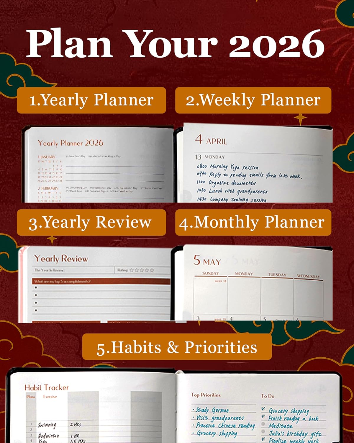 2026 Life Planner with Removable Folder and Elastic Bookmark, Daily Organizer with Forecast, Calligraphy Practice, Habit Tracker, To-Do Lists, and Weekly Layout, Black