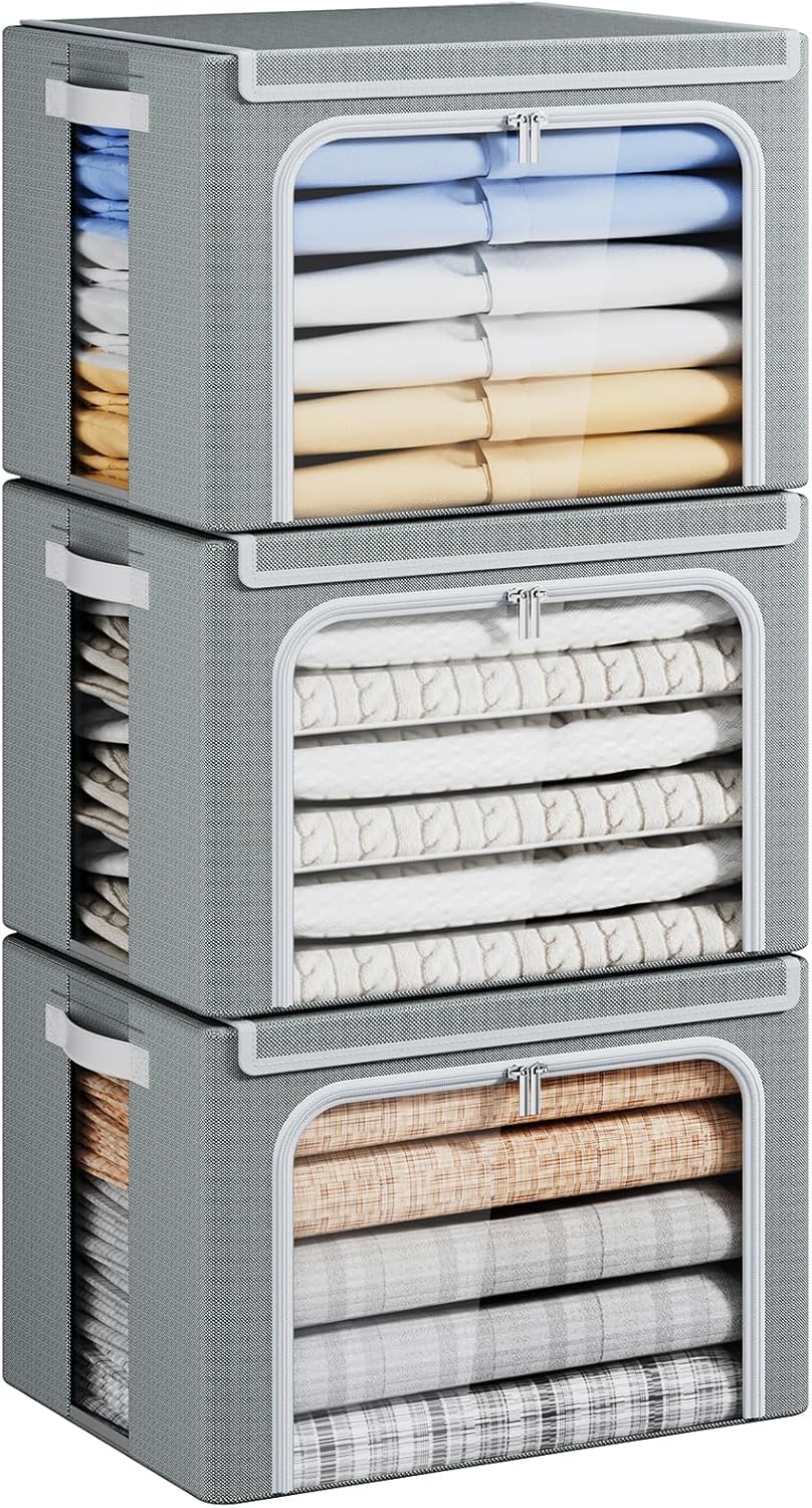 Yecaye Clothes Storage Bins with Metal Frame, 40L Foldable Clothing Storage Bins with Lid, Stackable Zippered Clothes Storage Bags, Oxford Fabric Organizer Box With Clear Window＆ PU Leather Handles
