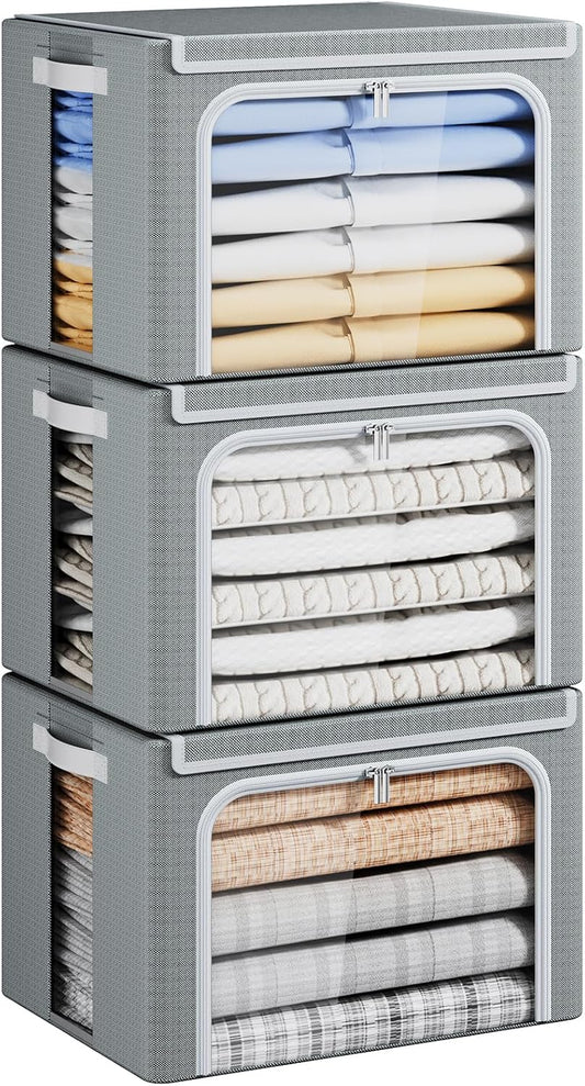 Yecaye Clothes Storage Bins with Metal Frame, 40L Foldable Clothing Storage Bins with Lid, Stackable Zippered Clothes Storage Bags, Oxford Fabric Organizer Box With Clear Window＆ PU Leather Handles