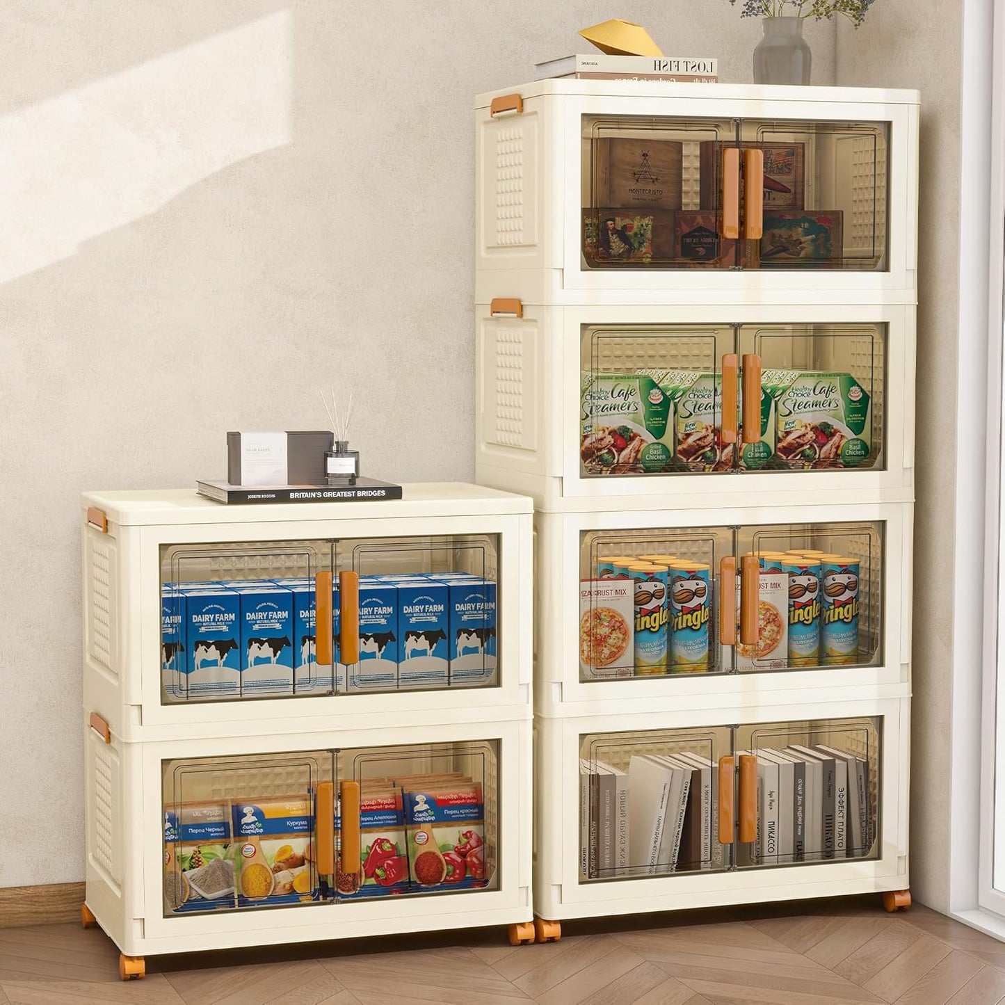 Plastic Stackable Storage Bins with Lids and Wheels, Foldable Closet Organizers and Storage Containers, Collapsible Clear Drawer Storage Cabinet with Doors White 89.6Gal