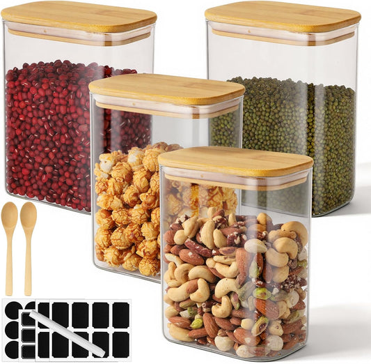Rectangle Glass Jar with Lid, 4 Pack 37oz Large Glass Jars with Bamboo Lids, Stackable Pantry Storage Containers for Kitchen Counter, Cereal Container for Flour, Tea, Sugar, Coffee, Snacks