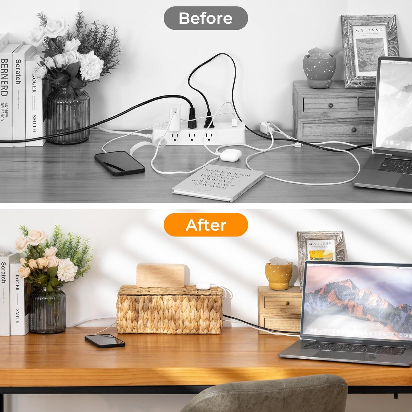 StorageWorks Cable Management Box, 2 Slots Wicker Cable Organizer to Hide Cords and Power Strip, Water Hyacinth Cord Hider Box for Home & Office