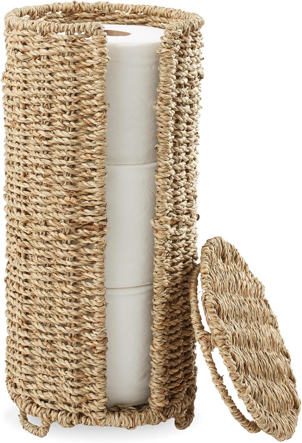 Casafield Free Standing Toilet Paper Storage Roll Holder with Lid - Natural, Fits 3 Rolls, Seagrass Bath Tissue Organizer for Bathroom