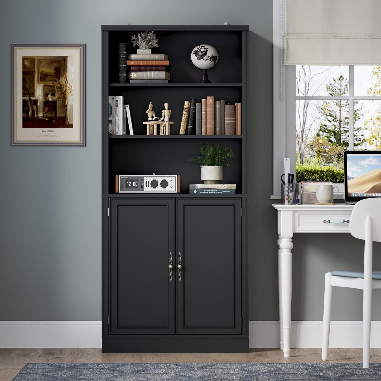 71.4" Tall Bookshelf with Cabinet, 5-Tier Floor Standing Bookcase with Doors & Adjustable Shelves, 31.5" Wide Storage Shelf, Metal Handles, Modern Organizer for Home Office, Living Room