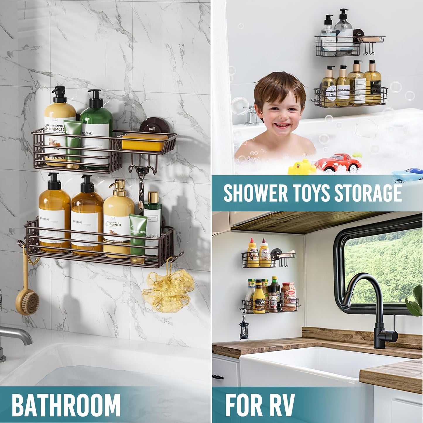 TAILI Shower Caddy Suction Cup 2 Pack with Hooks & Soap Holder, Heavy Duty Shower Organizer for Bathroom, No Drilling Bathroom Organizer with Large Capacity, Metal Storage Basket-Brown