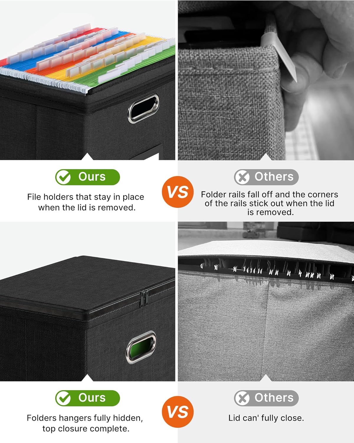 Oterri 2 Pack File Organizer Boxes with Lids, File Box with Mesh Pockets, Document Organizer Box for File Folders Letter Size, Zippers Filing Box for Home, Office, School (Black, Without Folders)