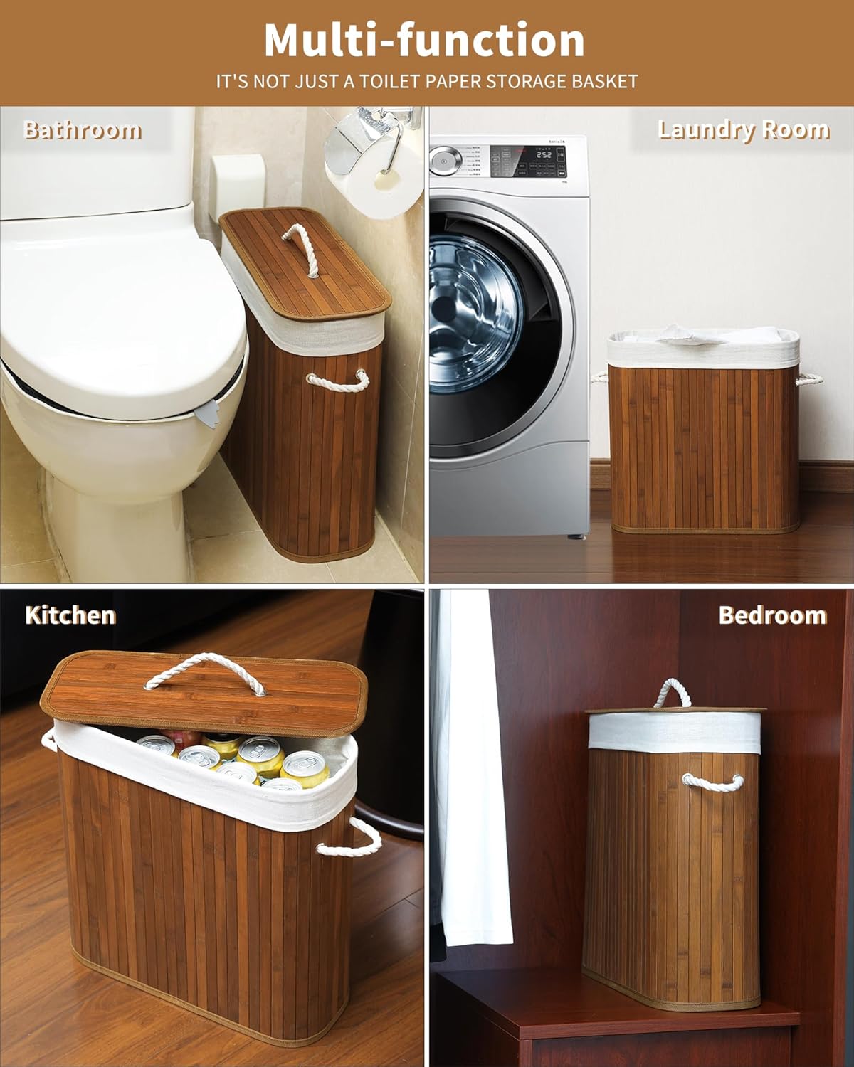 Bamboo Toilet Paper Storage with Lid & Handel, 8 Gallons (30L), Sturdy Toilet Paper Basket, Organizer for Bathroom, Kitchen, Holder with Storage, Walnut