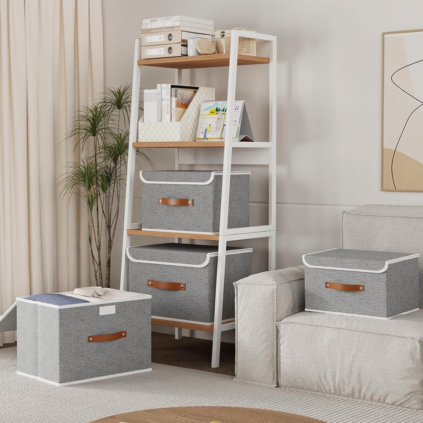 Yawinhe Collapsible Storage Bin, Cube Organizer Basket, Fabric Box with Lids, Washable and Leather Handle, for Home, Closet, Grey, 15.0''Lx9.8''Wx9.8''H, 1-Pack, USNK024GL-1