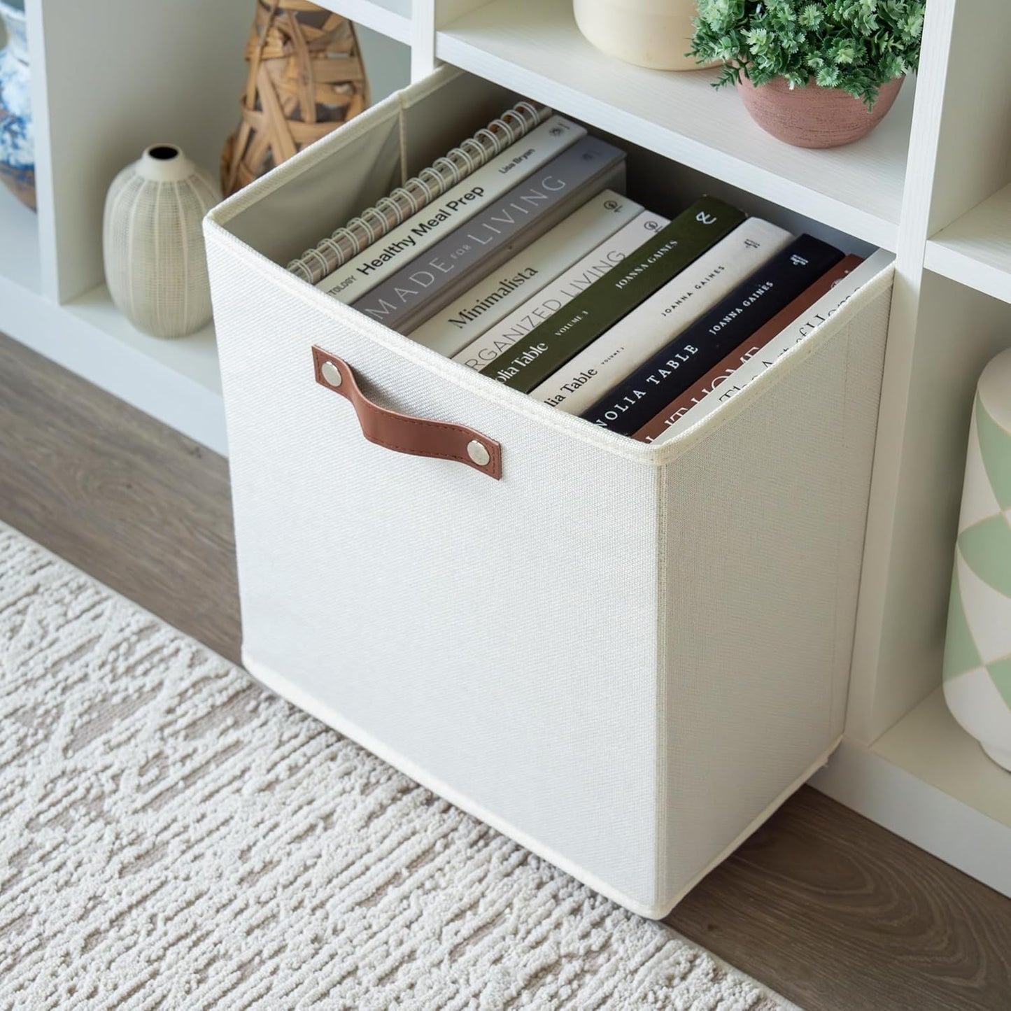 OrganiHaus 13" x 13" x 13" Cube Fabric Storage Bins Set of 4, Canvas Storage Cubes w/ Vegan Handles, 13 inch Collapsible Bins for Clothes & Toy Organizer, 13x13 Basket for Decor - White