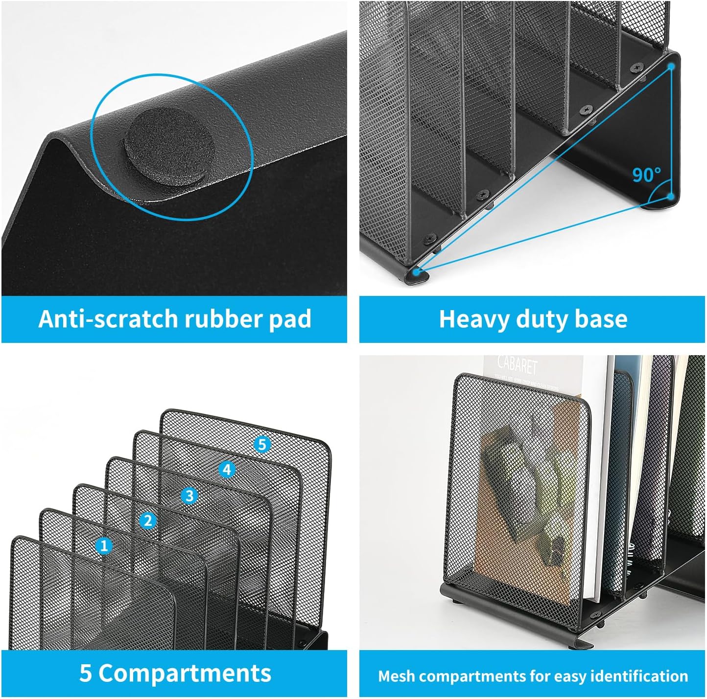 File Organizer for Desk, File Folder Organizer with 5-Section Vertical Rack, Suitable for Home Office Document Organization and Storage(Black)