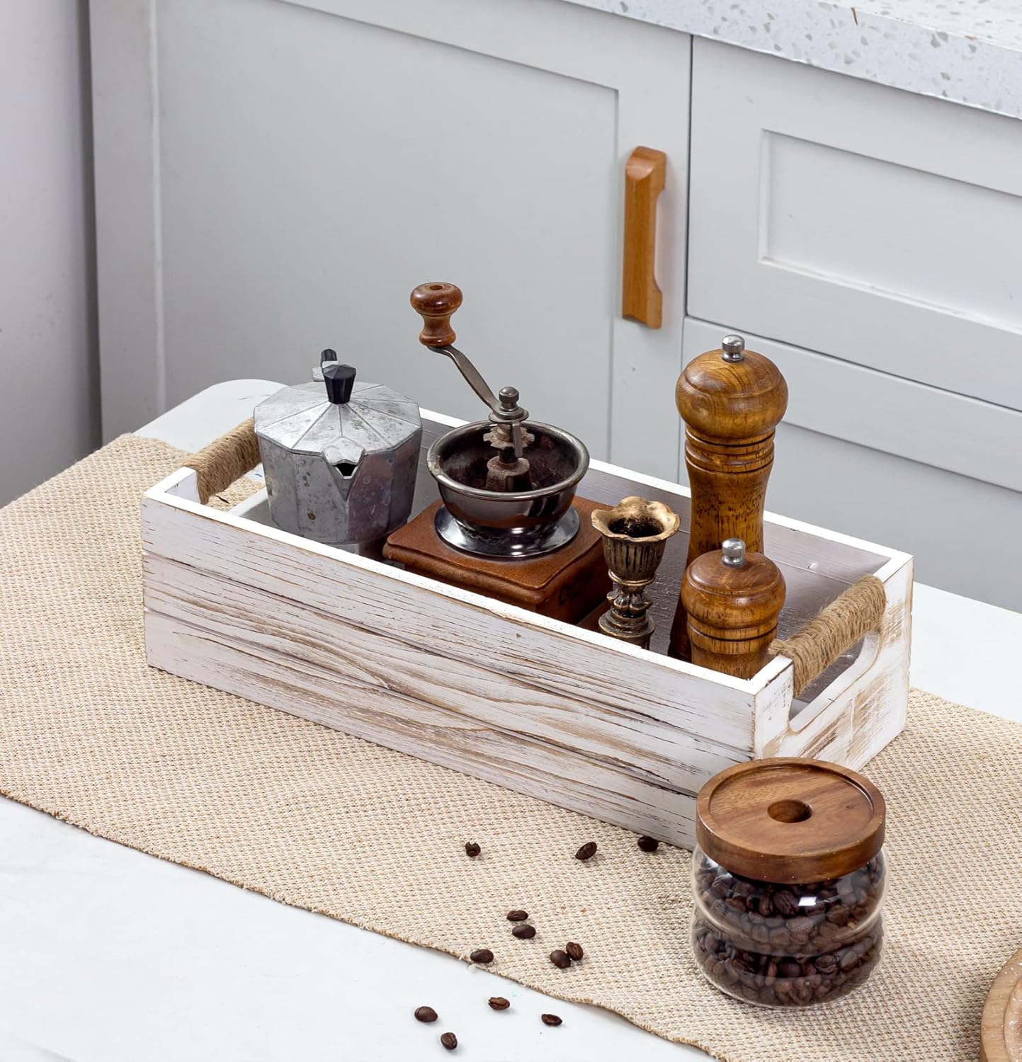 TIMRIS Rustic Wooden Toilet Paper Holder, Farmhouse Bathroom Decor, Toilet Tank Basket, Decorative Storage Container (Whitewash)