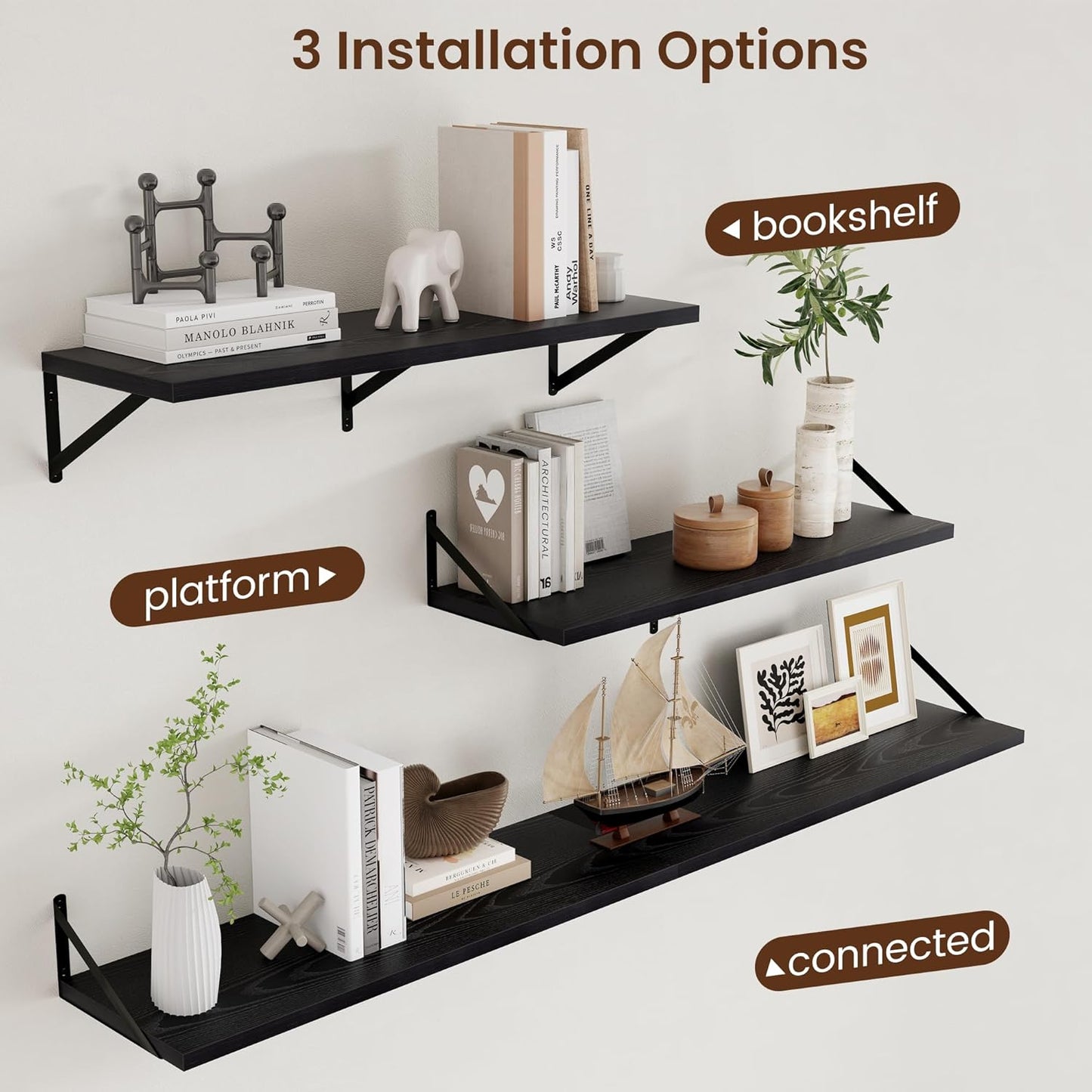 Axeman Floating Shelves for Wall Black- 36 Inch Wide x 12 Inch Deep Wall Shelves Set of 2 - Black Deep Wood Floating Shelves for Living Room Bedroom Laundry Room