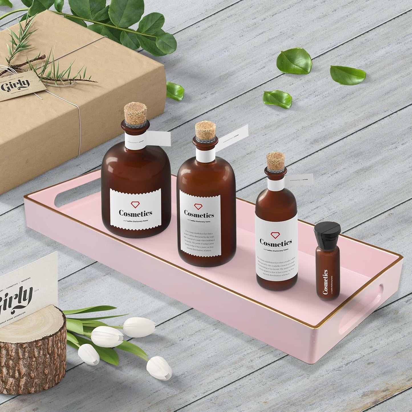 Pink Vanity Tray with Handles, Decorative Tray Desktop Storage Organizer for Bathroom, Living Room, 5.9"*13.7"