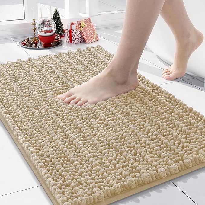 Arotive Luxury Chenille Bathroom Rug Mat, Extra Soft Thick Absorbent Shaggy Bath Rugs, Non-Slip Machine Wash Dry, Plush Bath Mats for Bathroom, Shower and Tub, 30x17, Beige