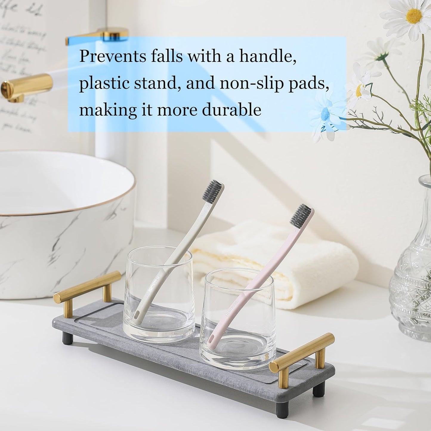 2Pcs Instant Dry Sink Caddy, Water Absorbent Diatomite Tray for Sink, Stone Drying Tray with Metal Handle, Keeping Kitchen and Bathroom Tidy and Clean (Dark Grey & Gold Handle, Large & Small)