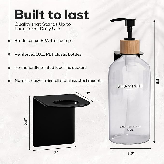 Clear Shampoo and Conditioner Dispenser Set Wall Mounted by Brighter Barns - Plastic Shower Dispenser 3 Chamber No Drill - Refillable Shampoo, Body Wash and Conditioner Bottle for Shower Wall (Clear)