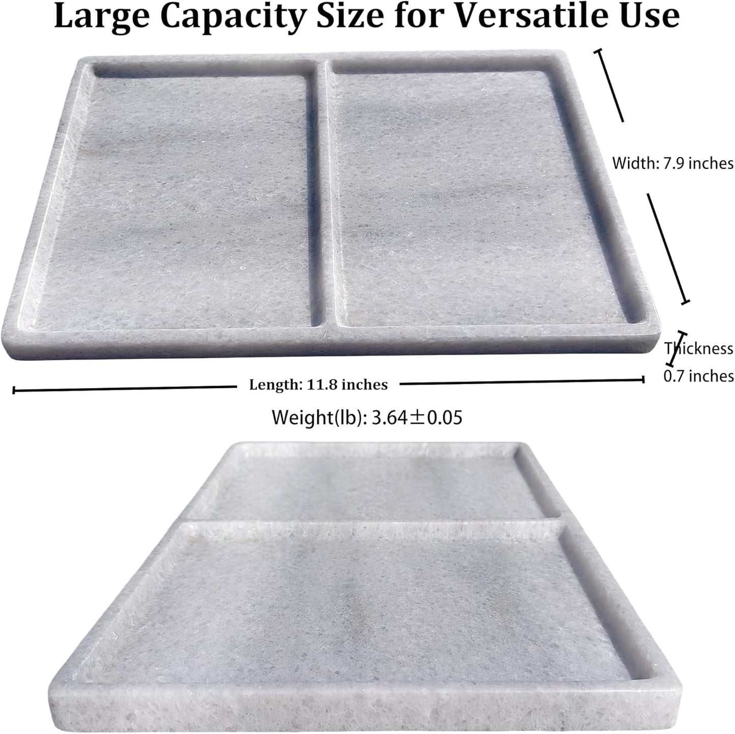 10"x8" Natural Marble Decorative Tray – Dual‑Compartment Stone Vanity Organizer for Jewelry, Keys & Soap – Premium Heat‑Resistant Bathroom Decor Gift(Belken White)