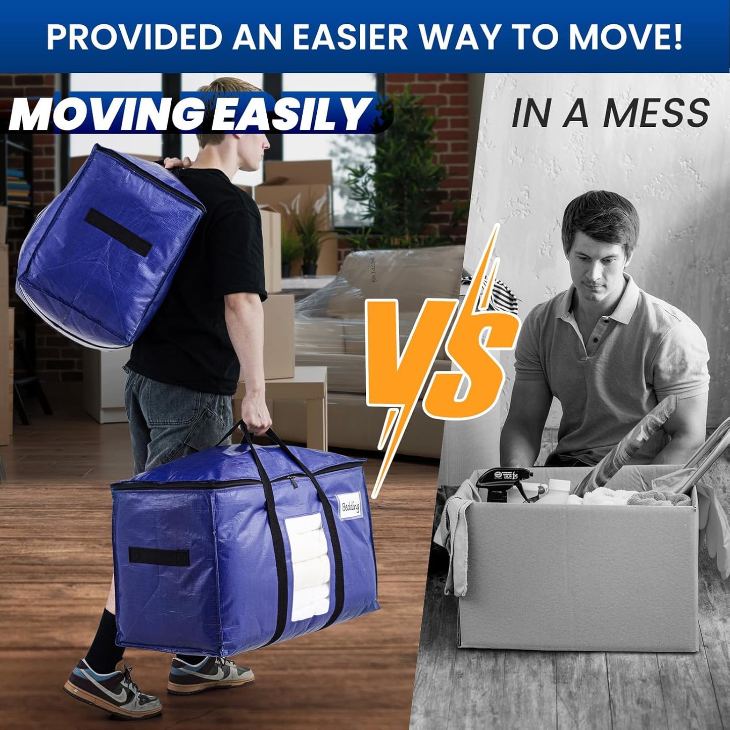 TAILI 2 Pack Dark Blue Extra Large Moving Bags, Heavy Duty Totes with Visible Window, Wrap Around Handles, Great for Storage