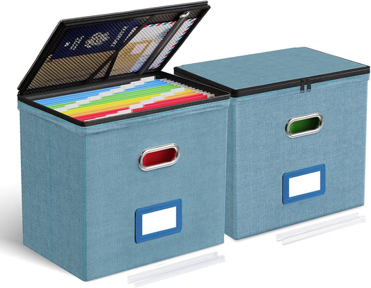 Oterri File Organizer Boxes with Lids, File Box with Mesh Pockets, Document Organizer Box for Letter Size Folders, Zippers Important Document Organizer (Denim, Small-2 Pack Without Folders)