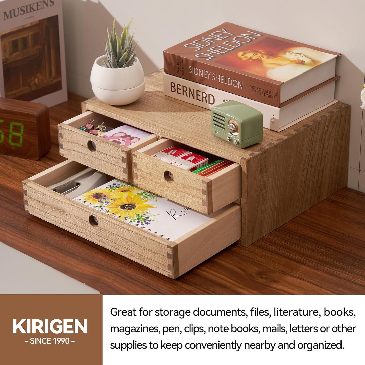 Kirigen Wooden Desktop Organizer - Office Supplies Filing Tidy Storage Shelf - Storage Cabinet/Jewelry Organizer with 3 Drawers(BR, 2-Layer &3 Drawers)