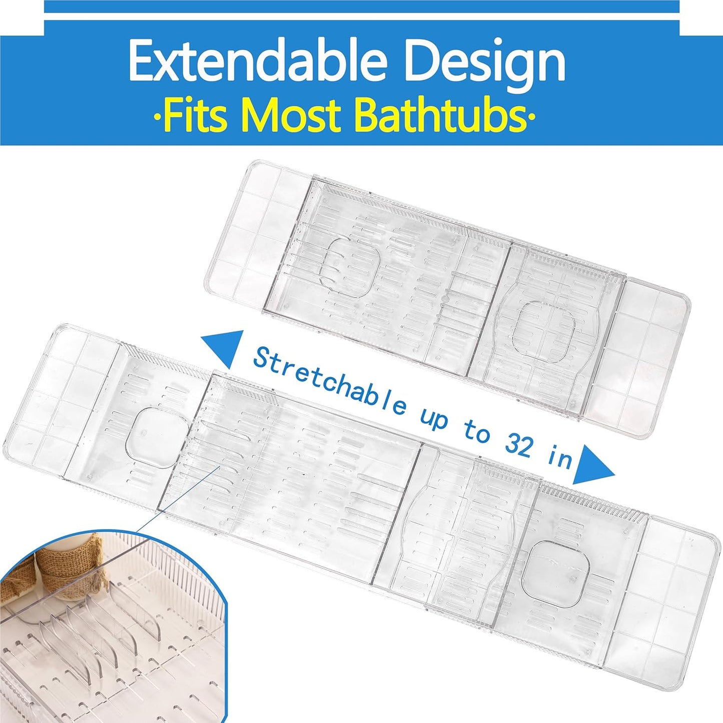 Expandable Bathtub Tray,Clear Plastic Anti-Slip Bath Tub Shelf Caddy Tray,Luxury Bathtub & Bathroom Accessories for Relaxing Spa,Suitable for bathtubs with an Internal Width of up to 29.5 inch
