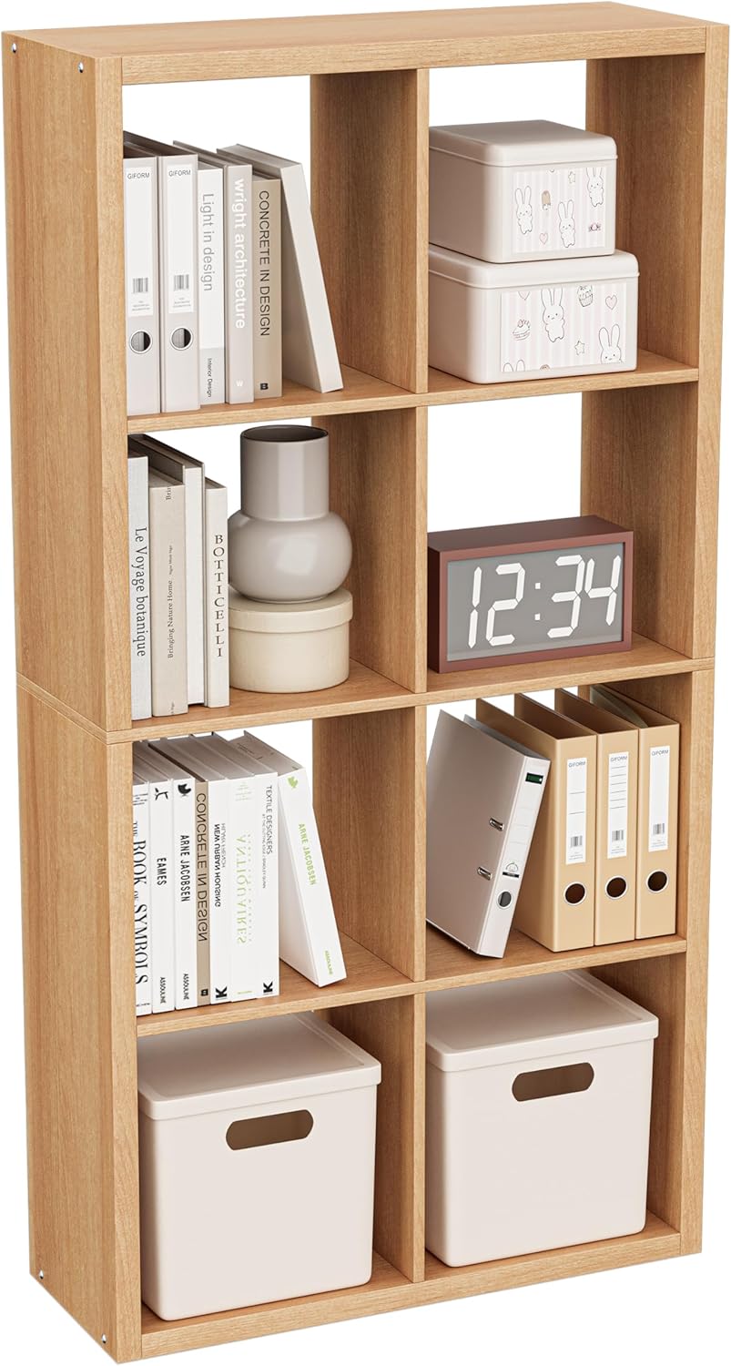 Cube Storage Organizer Bookcase, Decorative 11 inch Open Back Cubical Shelf with Thickened Border, Display Bookshelf for Living Room, Home Office, Sturdy Room (Natural Oak, 8 Cube)