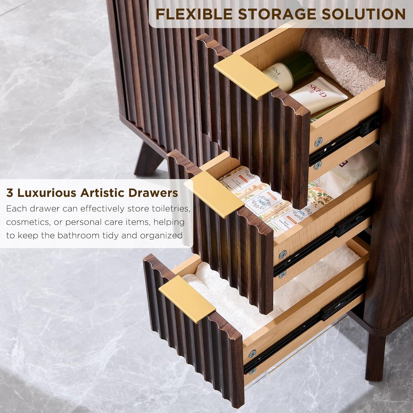 T4TREAM 30" Fluted Bathroom Vanity with Ceramic Sink Combo，Freestanding Modern Bathroom Storage Vanity Cabinet with 2 Soft Closing Doors & 3 Drawers，Wood Grain Texture，Metal Handle，Dark Walnut