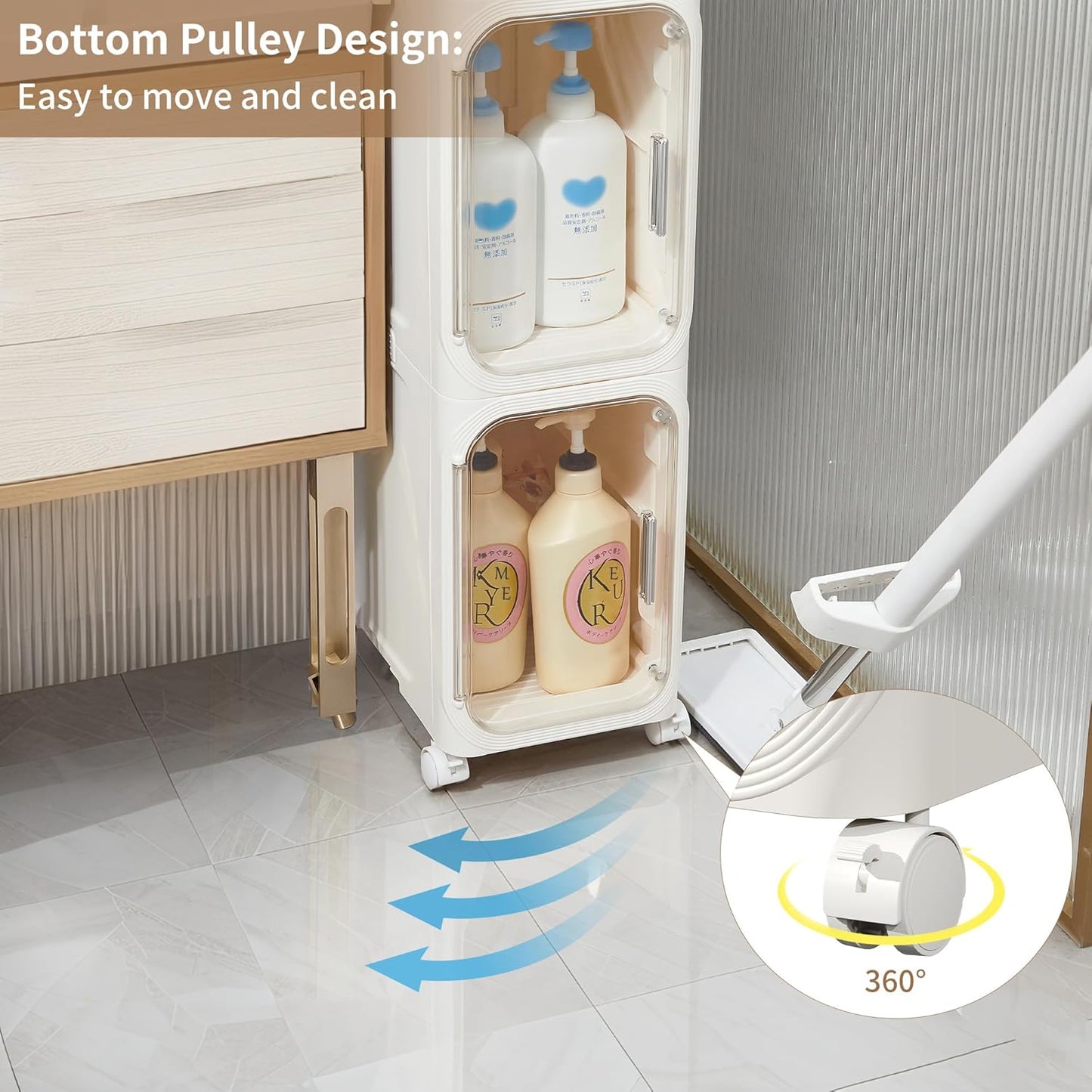 5-Tier Narrow Storage Cabinet Slim Bathroom Storage Cabinet with Movable Wheels Tall Bathroom Organizer Skinny Cabinet for Small Spaces，Beige