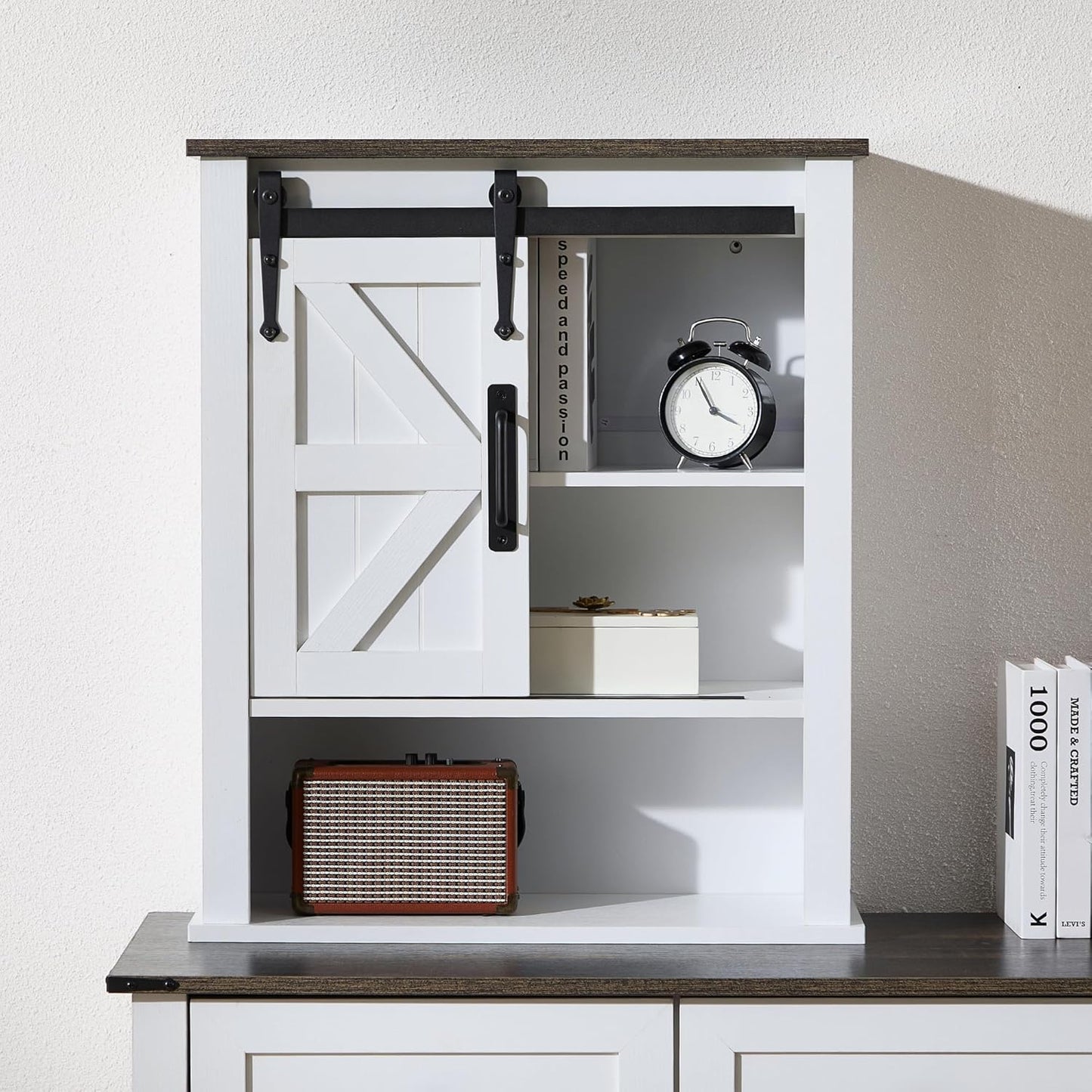 28" Wall Cabinet, Wooden Medicine Cabinet Adjustable Shelves, Over Toilet Storage Cabinet with Sliding Barn Door for Bathroom/Kitchen/Laundry, Black with White