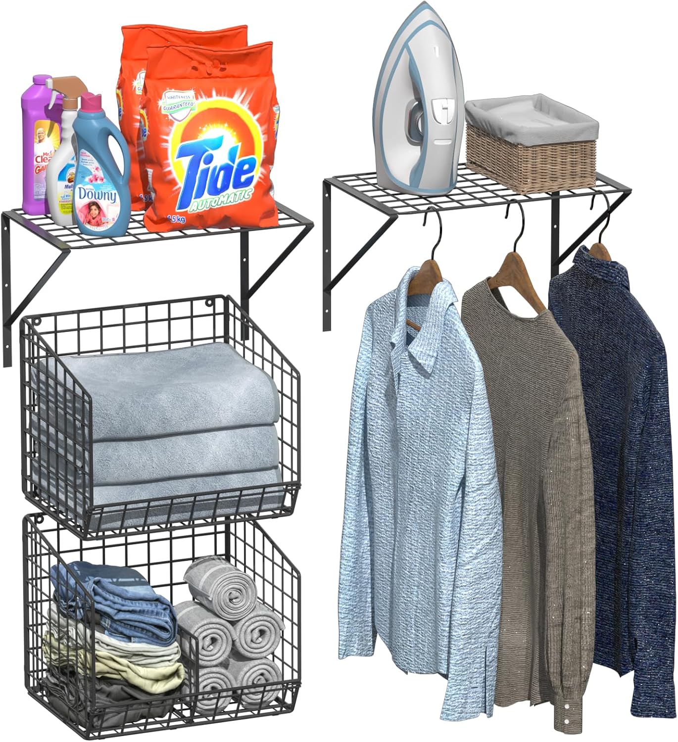 2 Pack Laundry Room Shelves with Wire Baskets, Over the Washer and Dryer Shelf, Wall Mounted Storage and Clothes Drying Rack, Wire Shelves Baskets for Laundry Closet Organization and Storage-Black